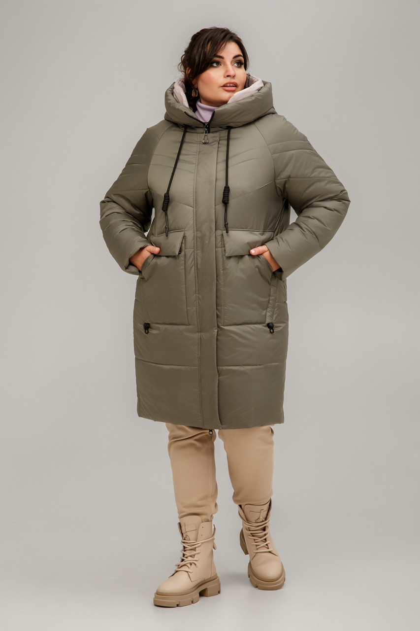 Жіноче зимове пальто з двосторонньою блискавкою колір оливка