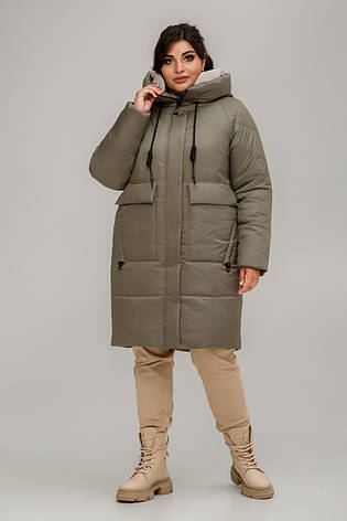 Жіноче зимове пальто з двосторонньою блискавкою колір оливка, фото 2
