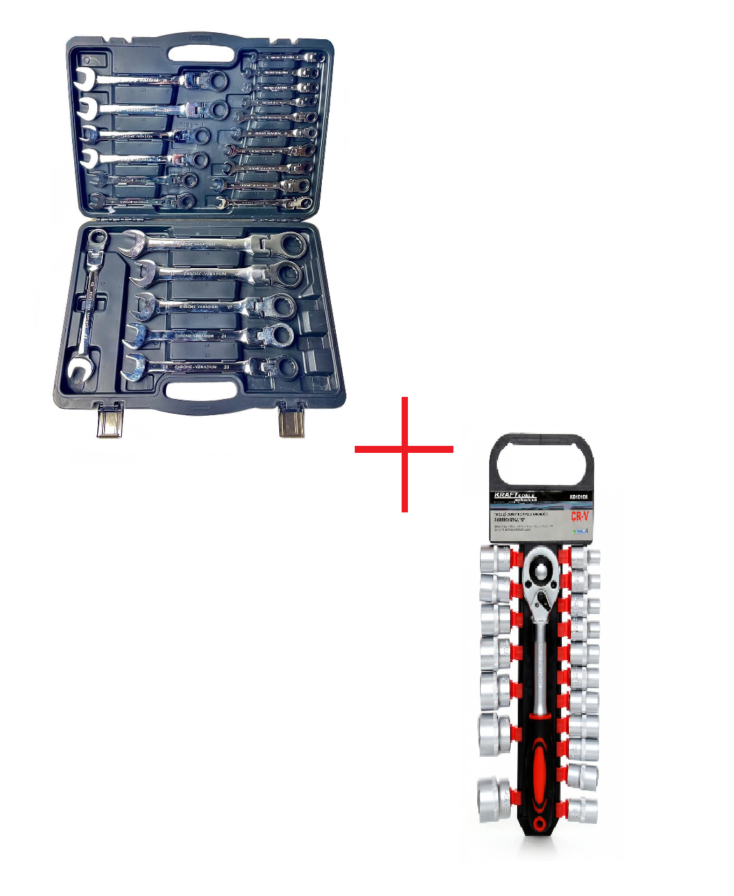 Комплект професійний набір рожково-накидних ключів з тріскачкою Silver 22 шт. (6-32) + Набір головок з тріскачкою 1/2" 8-32 мм.