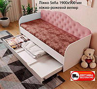 Мягкая односпальная кровать Sofia 1900х900 мм велюр нежно-розовый, с ящиком для белья