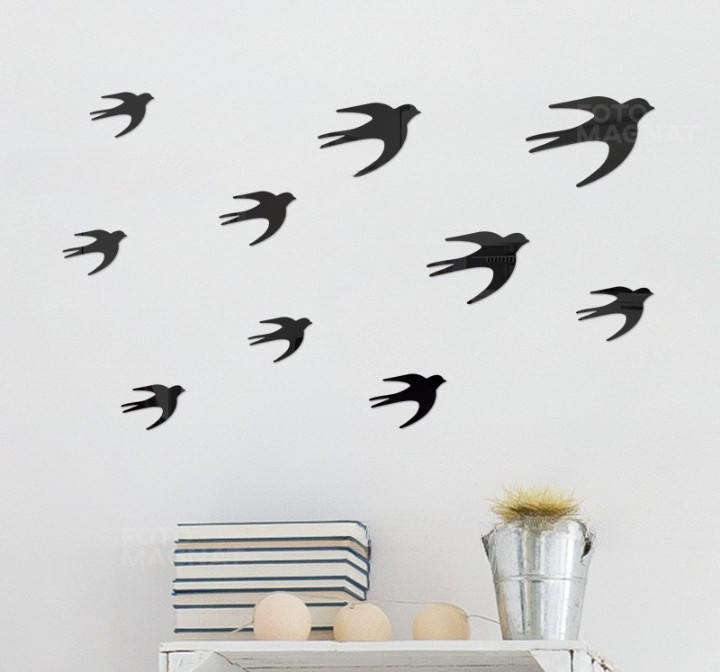 Зеркальная наклейка на стену в виде птиц "Birds" - акриловая панель для декора интерьера, самоклеящаяся 10шт - фото 1 - id-p1905614817