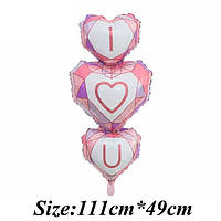 Фольгированный фигурный шар "Три Сердца I Love You Мрамор". Размер: 111см * 49см. Пр-во Китай.