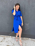 Синє літнє плаття-сорочка з жатої бавовни з поясом