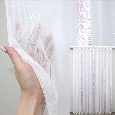 Тюль із креп-шифону. Колір білий із рожевим і сріблястим. Код 1292т