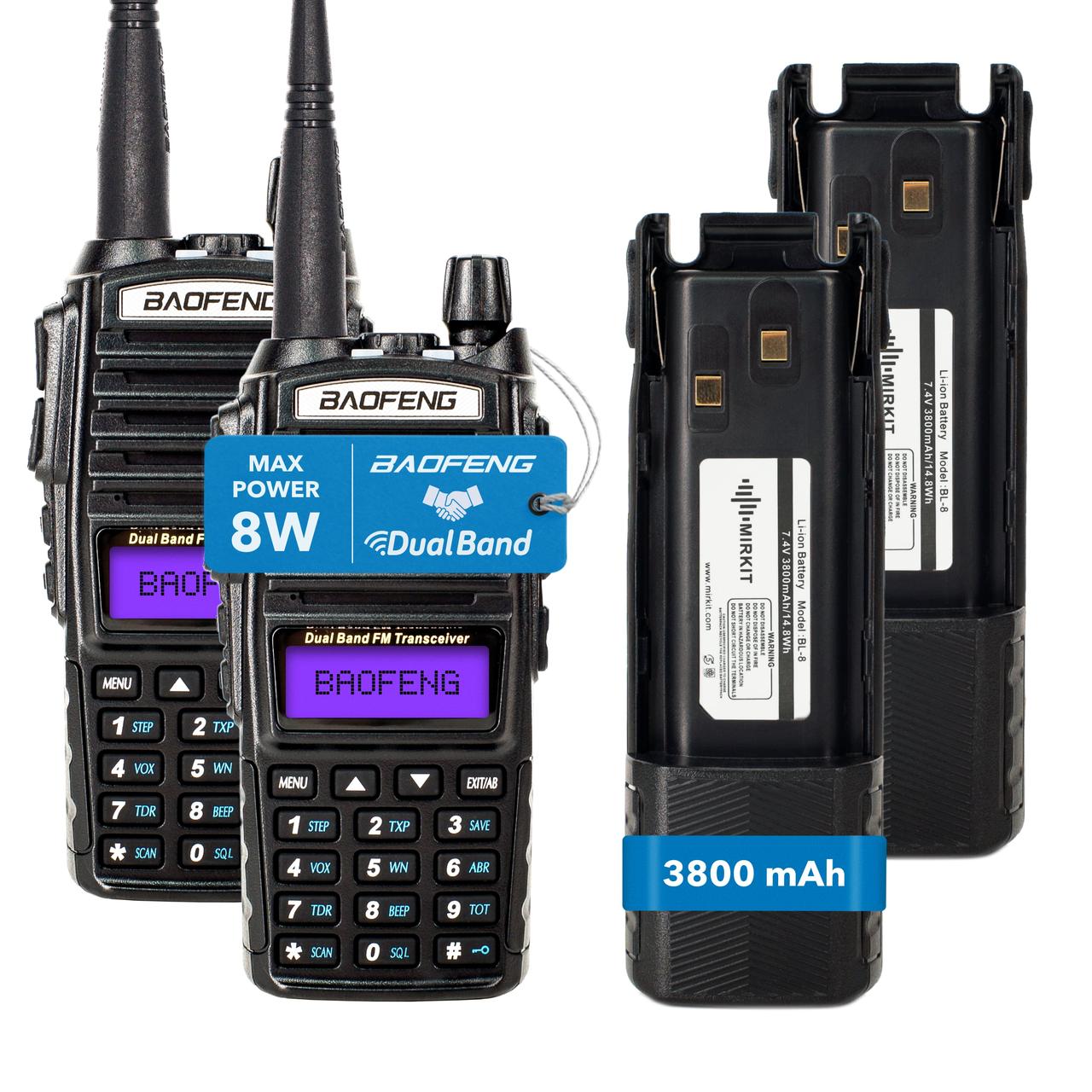 Комплект Рація Baofeng UV-82 8W 2 шт + Гарнітура + Акумуляторна батарея Baofeng BL-8 3800 мАч 2 шт + Ремінець
