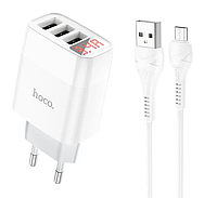 Сетевое зарядное устройство Hoco Easy charge 3-port digital display charger + кабель Micro 1м White (C93A)