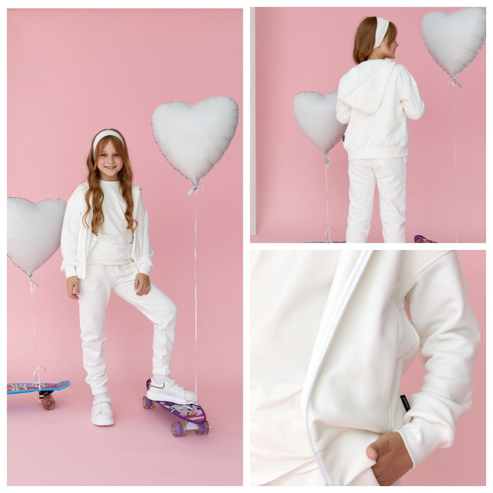 Спортивний костюм для дівчинки худі на блискавці та джогери, спортивний костюм демісезонний колір білий