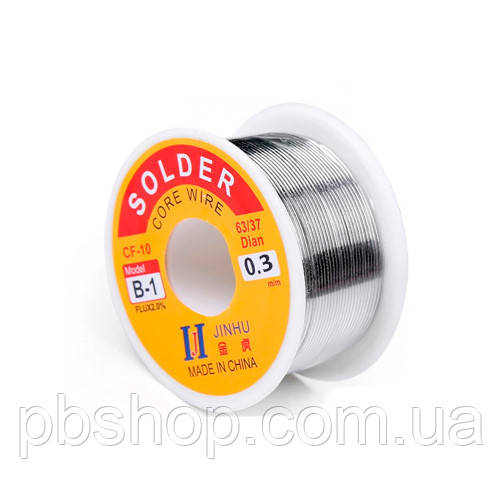 Припій для пайки ПОС 63, 0.3мм з флюсом, котушка 100г JINHU, фото 1