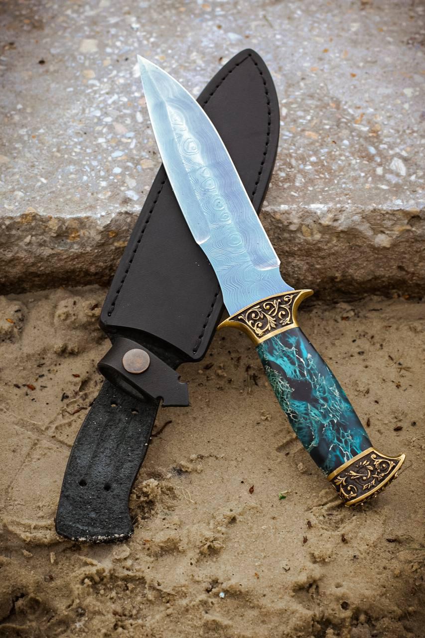 Ніж ручної роботи з дамаської сталі «Хвиля #1» зі шкіряними піхвами 60-61HRC, фото 1