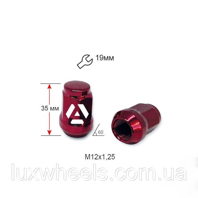 Гайка колісна A801444 RD M12х1,25х35мм Конус (Matiz, Nissan, Niva, Subaru, Suzuki) Закрита Червоний Хром Ключ19
