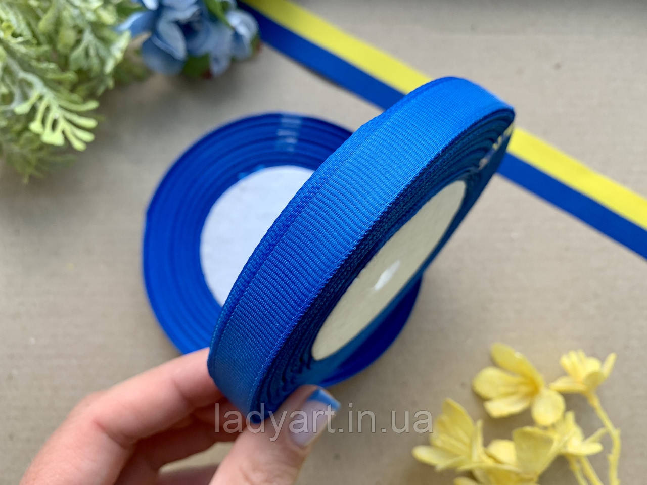 Репсова стрічка 1.2 см, 25 ярд/рулон, синього кольору рулоном, фото 1