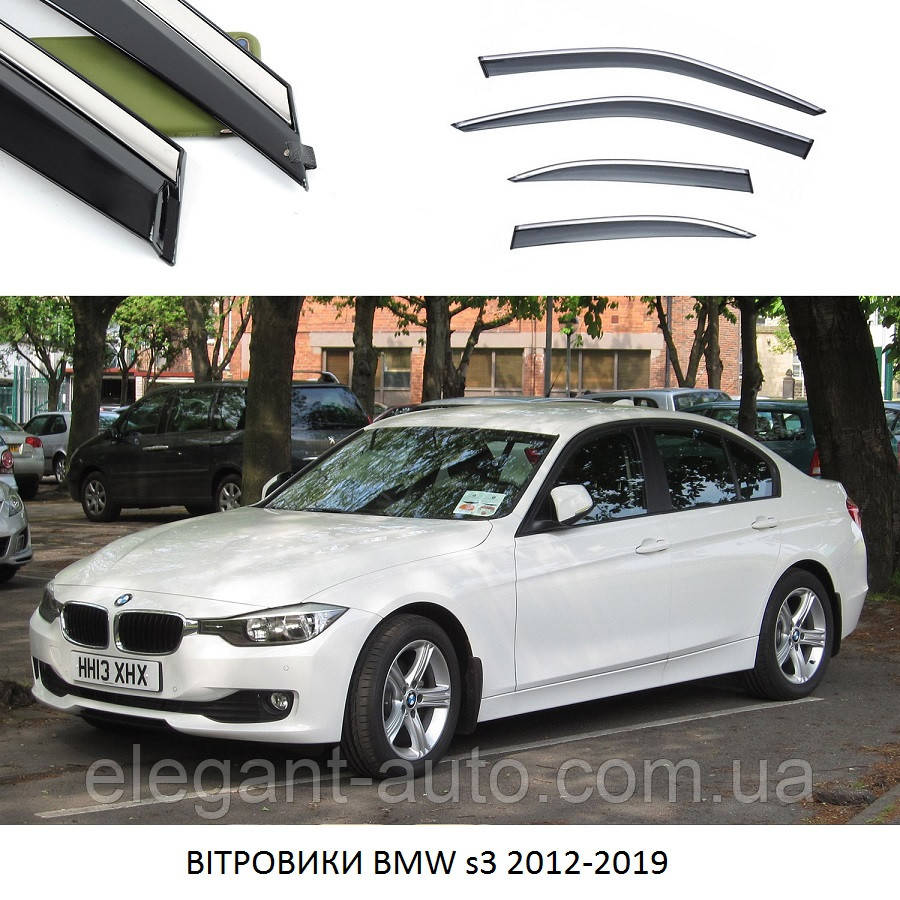 Дефлектори вікон BMW s3 2012-2019 П/К скотч"FLY""молдинг із нерж.сталі 3D"BBMW31523-W/S(79)