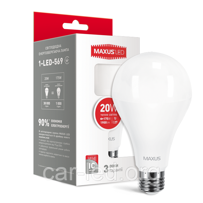 LED лампа MAXUS A80 20W 3000K 220V E27 (1-LED-569) (NEW)