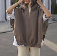 Универсальный женский оверсайз худи безрукавка с капюшоном (черный, мокко, меланж); размер: 42-48 Мокко