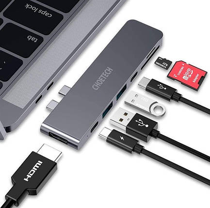 USB HUB Choetech HUB-M14 7в1 2USB 2Type-C Type-C-HDMI-SD-TF-USB Multiport Adapter Grey, фото 3