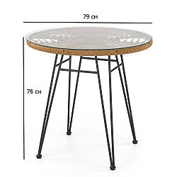 Обідній круглий стіл із ротанга зі склом Falcon 79 см у натуральному кольорі на чорних ніжках на дачу.