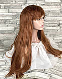 Перука жіноча темно-руса з темним корінням пряма з чубчиком 70см з термоволокна, фото 3