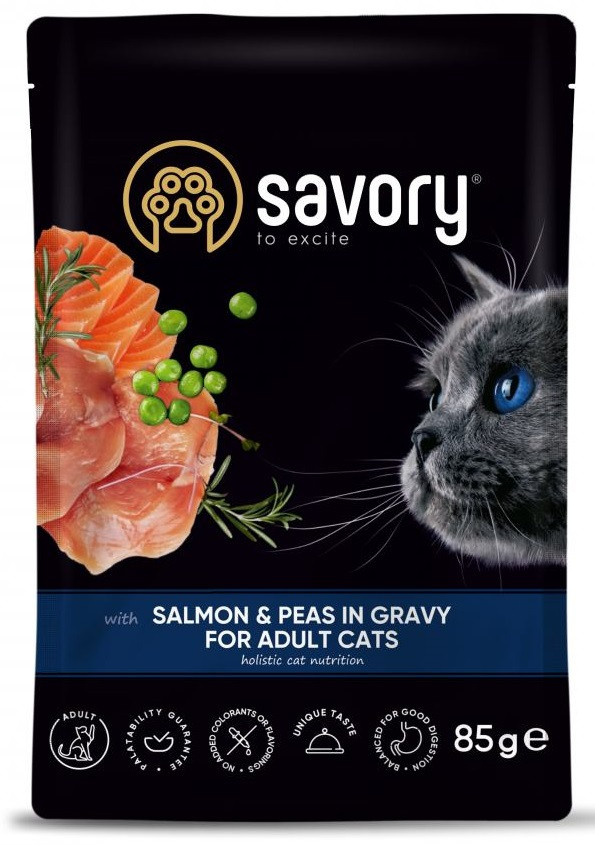 Вологий корм для котів з лососем та горошком у соусі Savory 85 г, фото 1