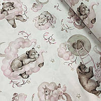 Хлопковая ткань польская спящие медведь, зайчик и белочка на облаках в серо-розовых тонах на белом (0541)