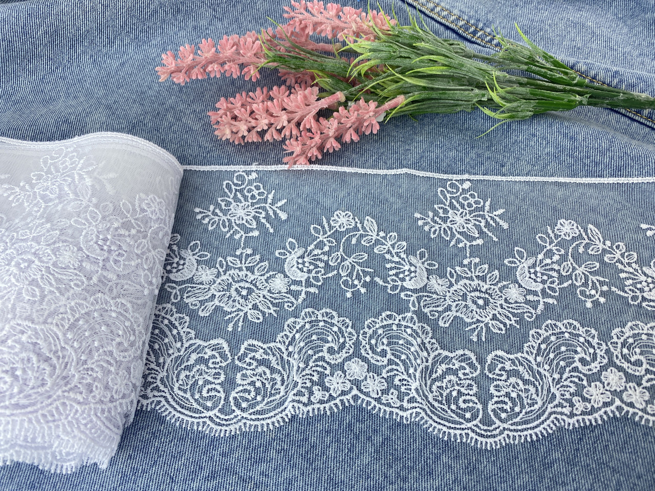 Мереживо вишивка на сітці біле 13 см., фото 1