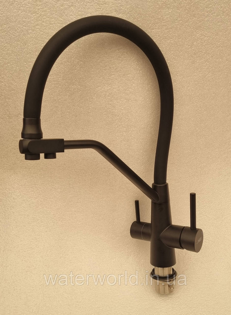 Змішувач для кухні з гнучким носиком із підключенням під фільтр чорного кольору WEZER INX4A-08-BLACK, фото 1