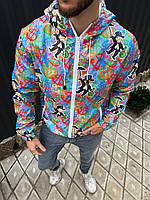 Мужская стильная ветровка с рисунком (разноцветная). Легкая куртка с капюшоном на весну/осень
