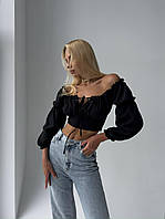 Женская Базовая открытая блузка-топ легкая воздушная рукав длинный на завязках цвет чёрный белый