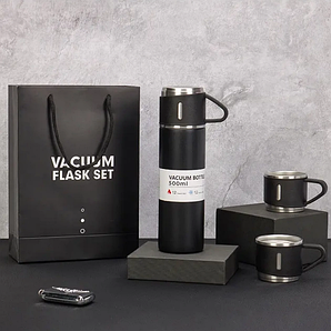 Термос із чашками чорний 500 мл із вакуумною ізоляцією. Набір подарунковий бокс для напоїв з термосом і 3 кухлі.