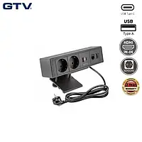 Настольный розеточный блок GTV BAR чёрный AE-GM2SBAR-20, 2 розетки SCHUCKO, 1xUSB-A, 1xTYPE-C, 1xLAN, 1xHDMI