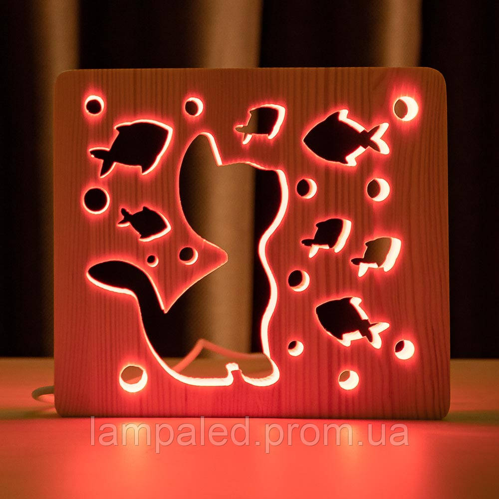 Нічник з дерева світлодіодний "Кіт та рибки" з пультом RGB