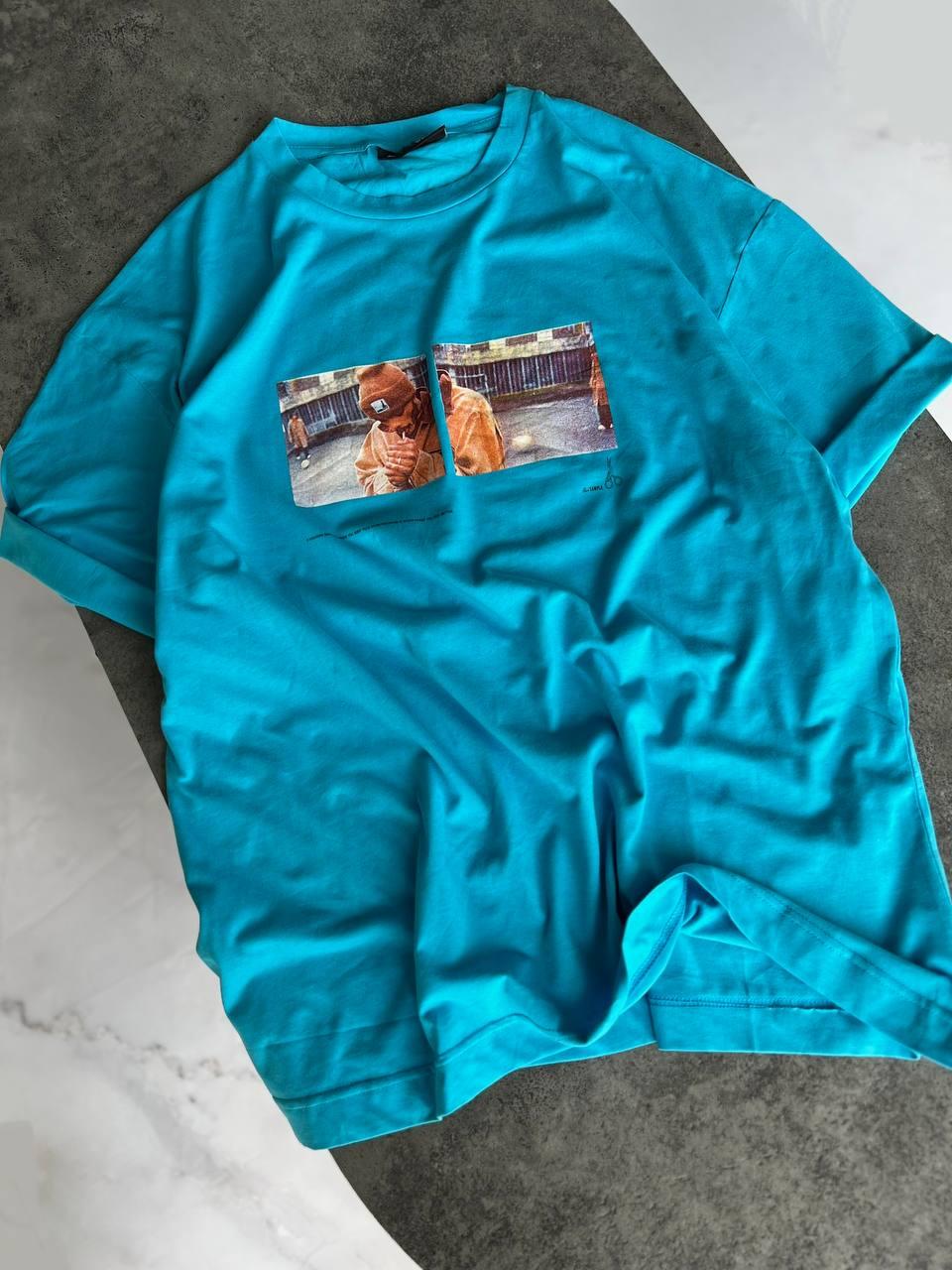 Чоловіча футболка оверсайз без бренда блакитна з принтом бавовняна Теніска на літо, фото 1