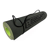 Килимок для йоги, спорту, фітнеса EasyFit TPE+TC 183х61x0.6 cм двошаровий + Чохол Салатовий з чорним