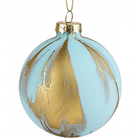 Стеклянный елочный шар мрамор нежно голубой с золотом 10 см (уп.- 6 шт.)