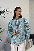 Женская нарядная блуза с цветочный принтом 3436-01 Голубая