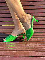 Женские летние сабо ,шлёпанцы каблуке рюмочка зеленый цвет экокожа