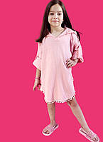 Детская муслиновая пляжная розовая туника для девочки с длинными рукавами и капюшоном