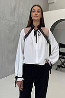 Жіноча святкова блуза Молочна з чорним мереживом 3434-01