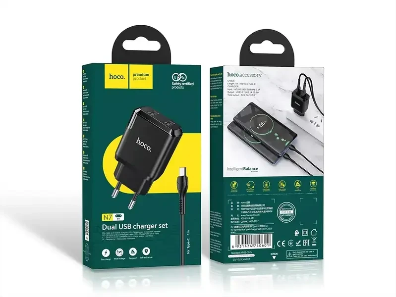 Зарядний пристрій 220 В USBx2 з кабелем USB — Type-C Hoco N7 Speedy 120 шт 8141