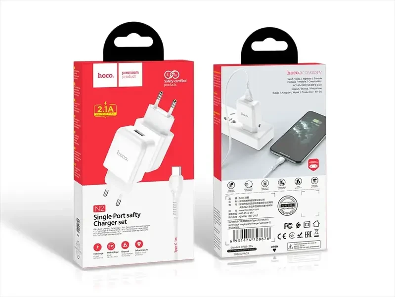 Зарядний пристрій 220 В USBx1 з кабелем USB — Type-C Hoco N2 Vigour 130шт 8137