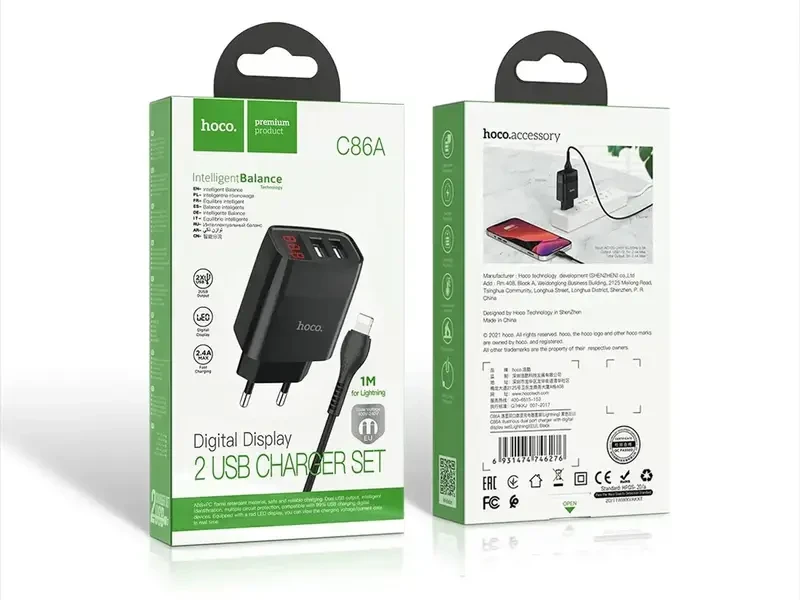 Зарядний пристрій 220 В USBx2 з кабелем USB — Lightning Hoco C86A Illustrious 130 шт. 8129