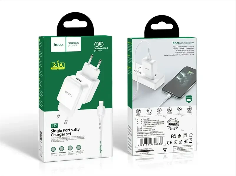 Зарядний пристрій 220 В USBx1 з кабелем USB — Lightning Hoco N2 Vigour 130шт 7948