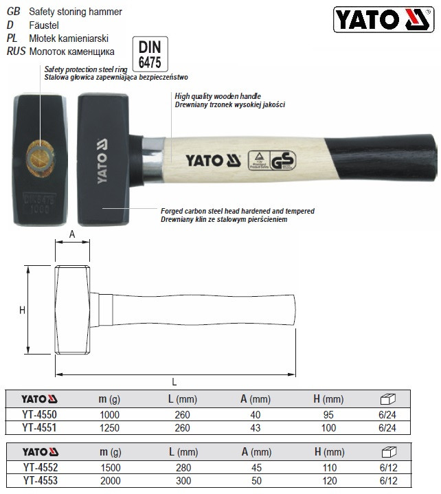 Молоток - кувалда YATO m=1,25 кг l=260 мм YATO-4551