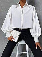 Женская стильная укороченная блуза-рубашка с широкими рукавами IM061, цвет белый, черный размер 42/44