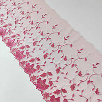 Ажурное кружево вышивка на сетке: розовая, бежевая, серебристая нити по розовой сетке, ширина 24 см