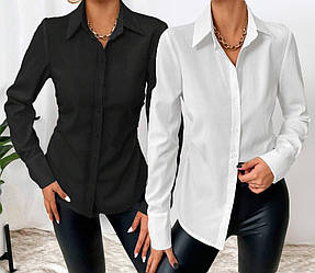Модна жіноча сорочка з довгим рукавом класична однотонна софт, біла, чорна, розмір 42/44, 46/48