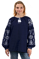 Жіноча ошатна блузка — вишиванка "Купава", тканина льон-габардин, р. S, M, L, XL, 2XL,3XL синя