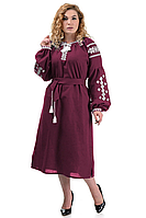 Платье вышиванка Ивана-Купала, нарядное, ткань лён, р-р S,M,L,XL,2XL,3XL бордо