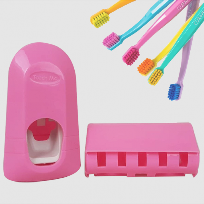 Тримач для зубних рахів з дозатором для зубної пасти Toothpaste Dispenser JX1000 Рожевий