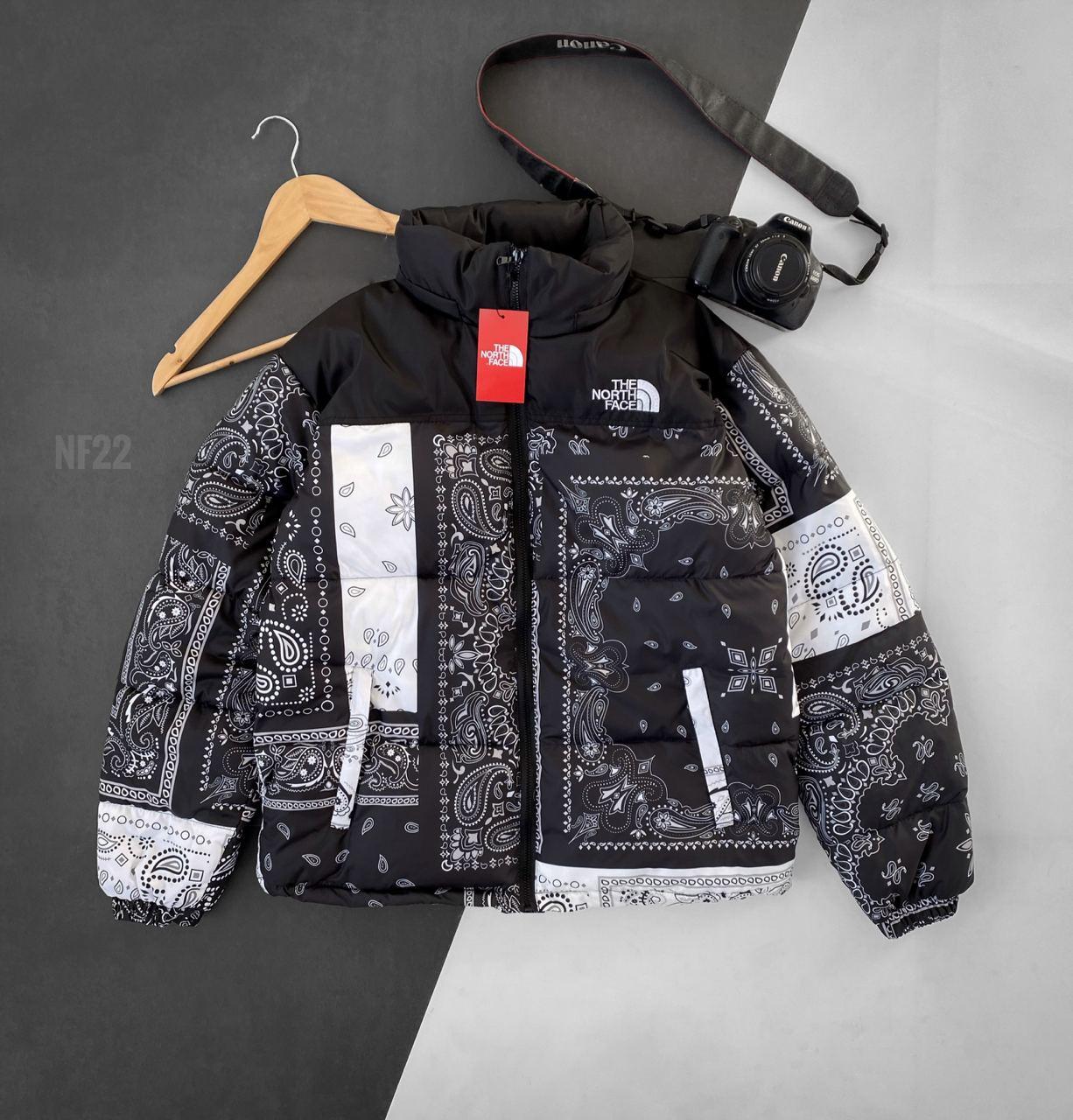 Куртка чоловіча зимова чорно-біла без капюшона з логотипом TNF (The North Face)