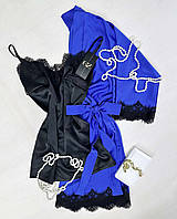 Атласный халат для дома с кружевом+пеньюар атлас шелк,красивая домашняя одежда 54